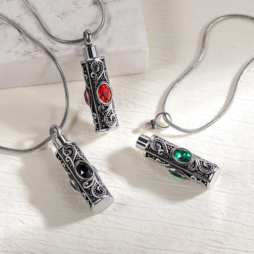 Gemstone vintage cylindrical urn necklace, can be used as ashes, cremation jewelry, keepsake, sympathy gift, suitable for pets/family/friends/loved ones