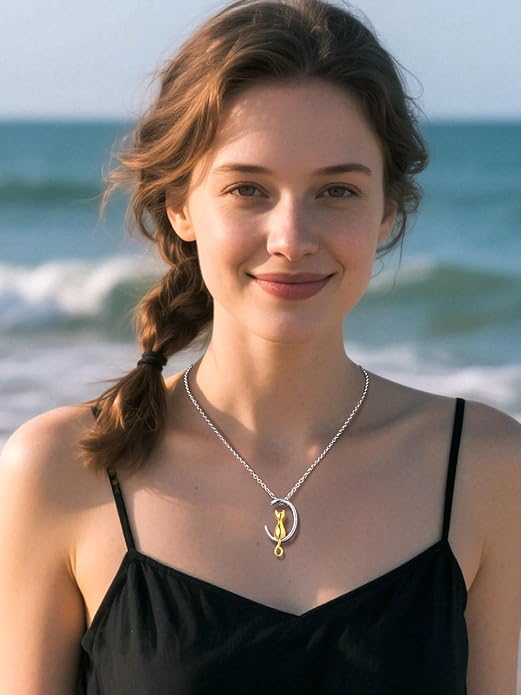 Moon-shaped kitten urn pendant necklace, cremation jewelry, keepsakes, and sympathy gifts for pets, family, friends, and loved ones