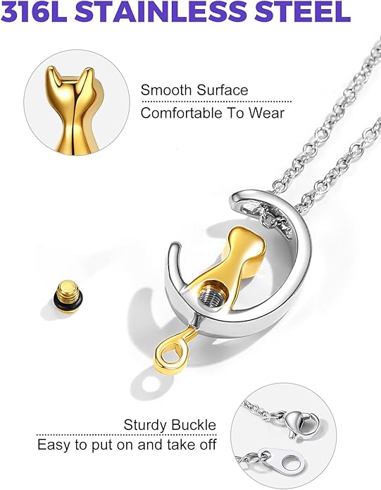Moon-shaped kitten urn pendant necklace, cremation jewelry, keepsakes, and sympathy gifts for pets, family, friends, and loved ones