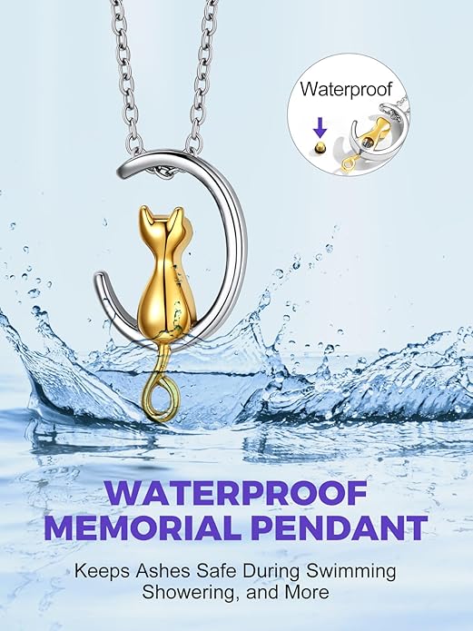 Moon-shaped kitten urn pendant necklace, cremation jewelry, keepsakes, and sympathy gifts for pets, family, friends, and loved ones