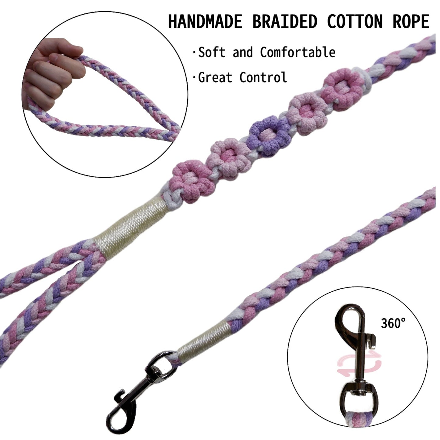 Five Flowers Rope Dog Leash (Purple and Pink)