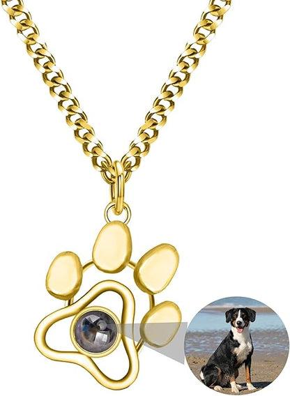 Sterling Silver Personalized Cat/Dog Paw Pendant Photo Necklace - Custom Pet Memorial Necklace