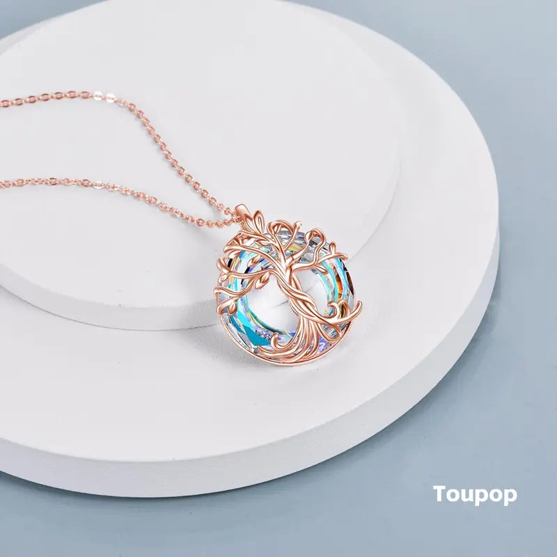 18" 925 Sterling Silver Tree of Life Pendant Necklace | Set with Austrian Quartz Crystal