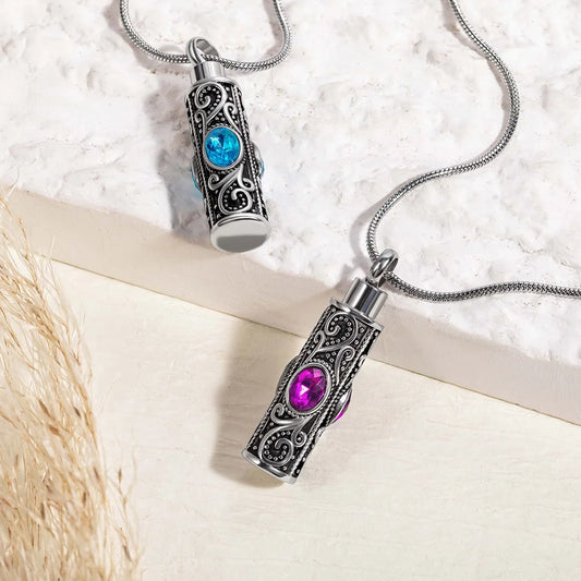 Gemstone vintage cylindrical urn necklace, can be used as ashes, cremation jewelry, keepsake, sympathy gift, suitable for pets/family/friends/loved ones