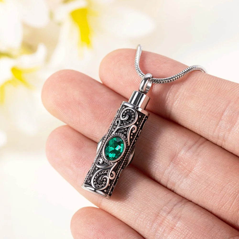 Gemstone vintage cylindrical urn necklace, can be used as ashes, cremation jewelry, keepsake, sympathy gift, suitable for pets/family/friends/loved ones