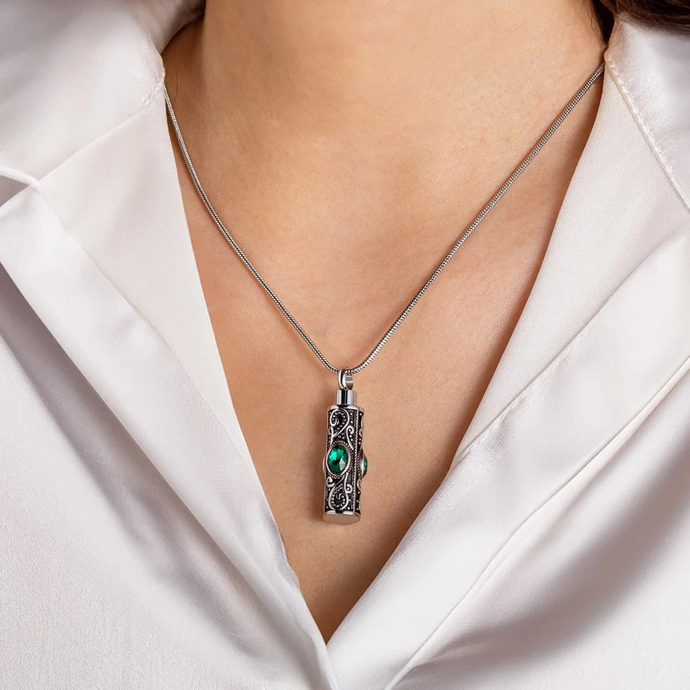 Gemstone vintage cylindrical urn necklace, can be used as ashes, cremation jewelry, keepsake, sympathy gift, suitable for pets/family/friends/loved ones