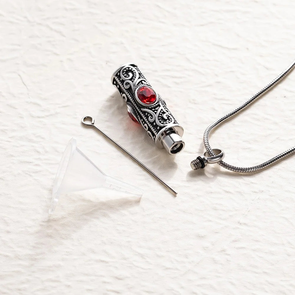 Gemstone vintage cylindrical urn necklace, can be used as ashes, cremation jewelry, keepsake, sympathy gift, suitable for pets/family/friends/loved ones