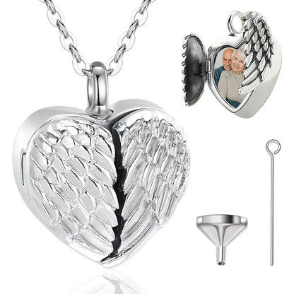 Sterling silver cremation locket necklace with angel wings, urn keepsake pendant, custom photo urn jewelry, funeral memorial gift