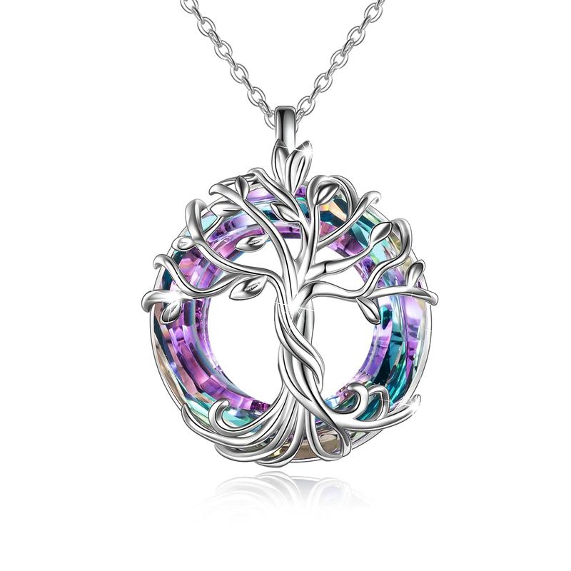 18" 925 Sterling Silver Tree of Life Pendant Necklace | Set with Austrian Quartz Crystal