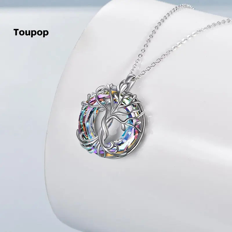 18" 925 Sterling Silver Tree of Life Pendant Necklace | Set with Austrian Quartz Crystal