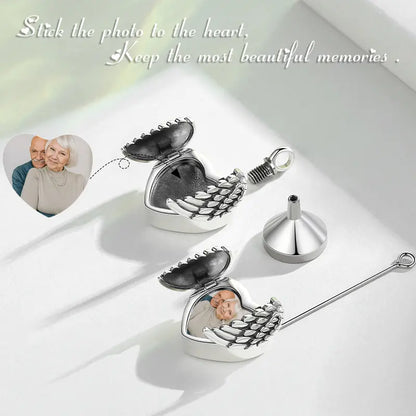 Sterling silver cremation locket necklace with angel wings, urn keepsake pendant, custom photo urn jewelry, funeral memorial gift