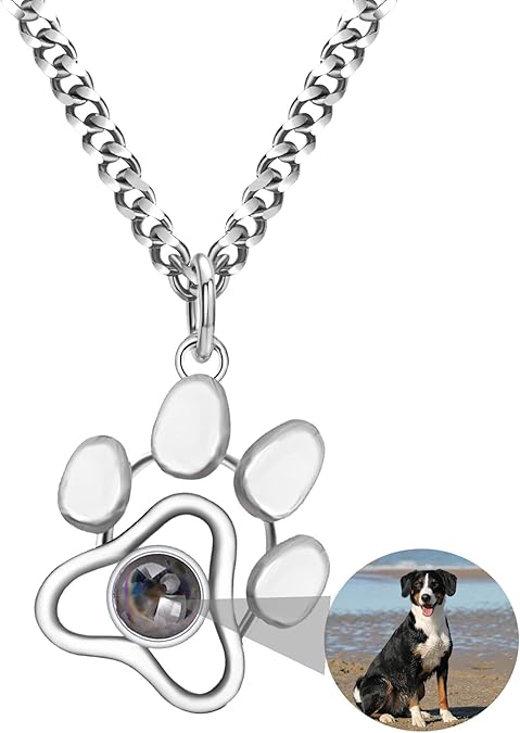 Sterling Silver Personalized Cat/Dog Paw Pendant Photo Necklace - Custom Pet Memorial Necklace