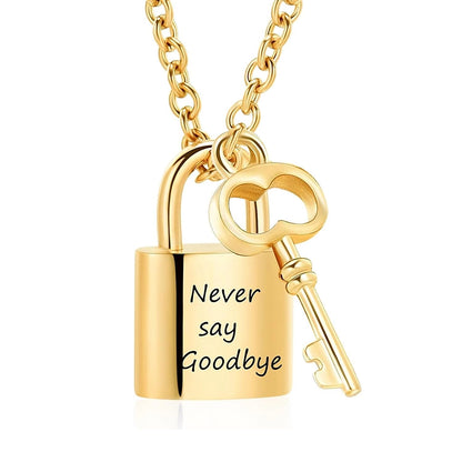 Stainless steel keyed padlock memorial urn necklace to commemorate a deceased loved one or pet.