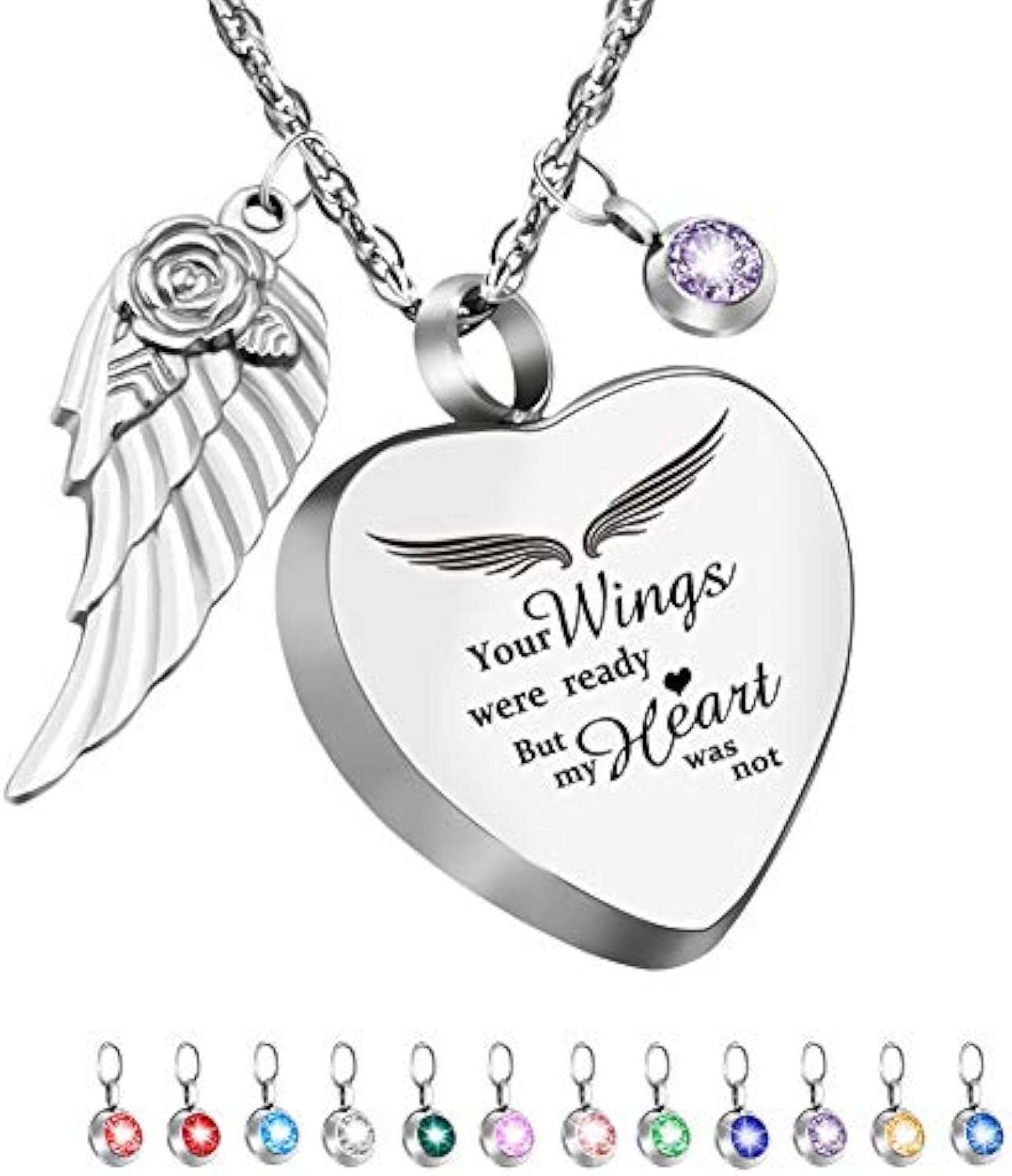 Heart-Shaped Urn Necklace with 12 Birthstones - Your Wings Are Ready, But My Heart Is Not