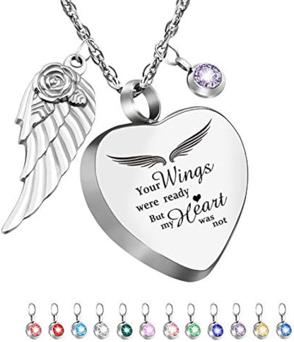 Heart-Shaped Urn Necklace with 12 Birthstones - Your Wings Are Ready, But My Heart Is Not