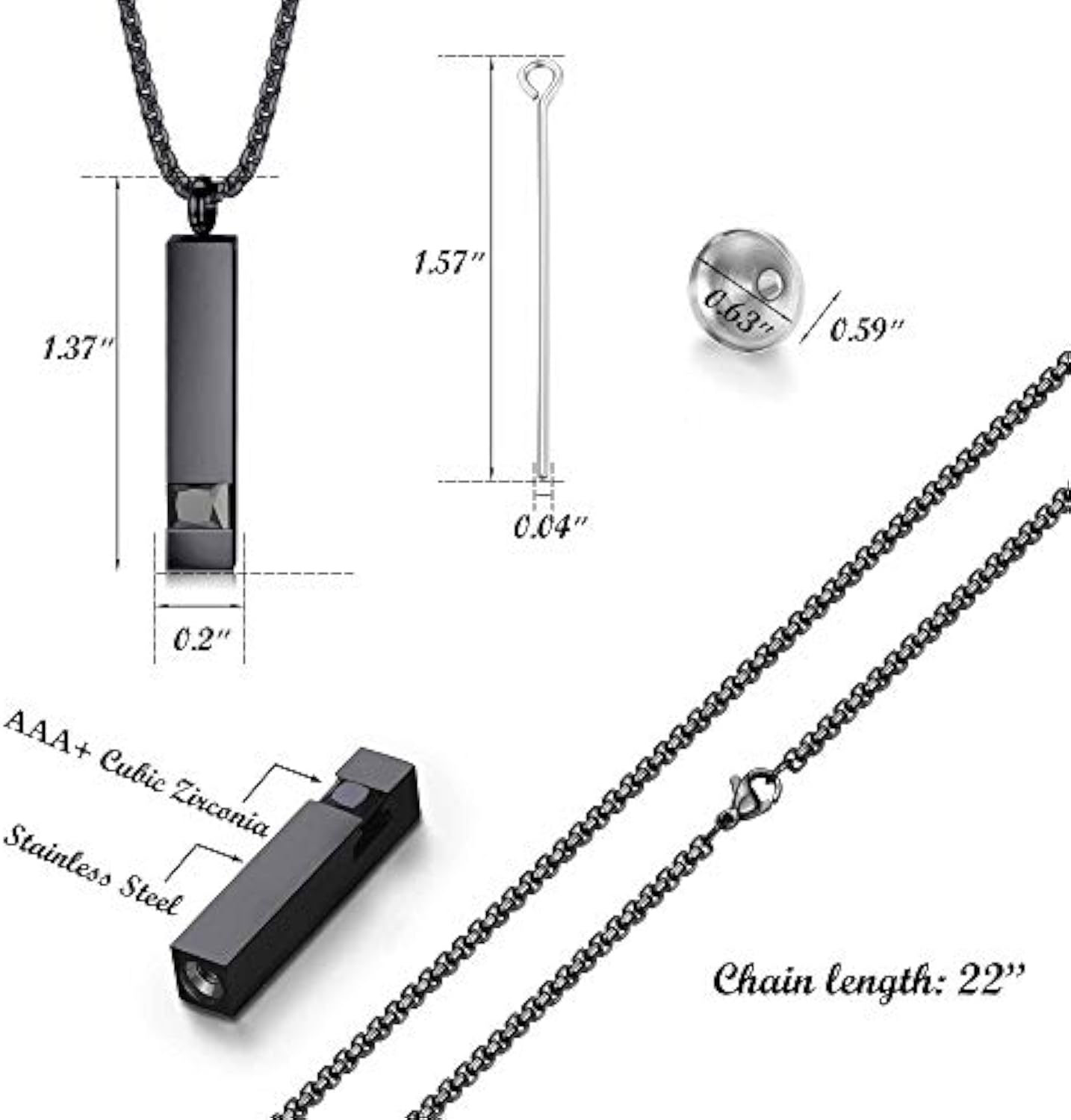 Stainless Steel Cremation Ashes Necklace with Cubic Zirconia