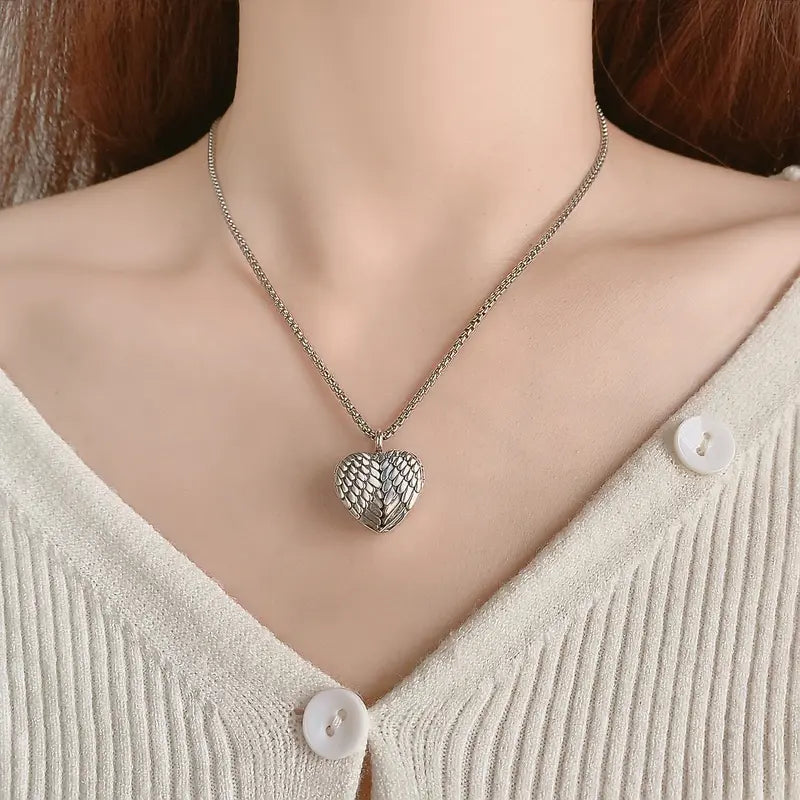 Sterling silver cremation locket necklace with angel wings, urn keepsake pendant, custom photo urn jewelry, funeral memorial gift