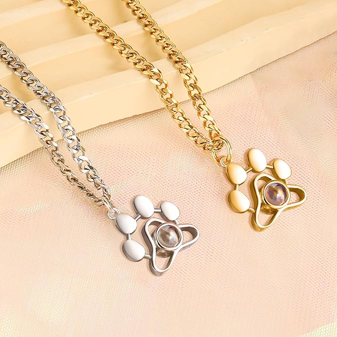 Sterling Silver Personalized Cat/Dog Paw Pendant Photo Necklace - Custom Pet Memorial Necklace