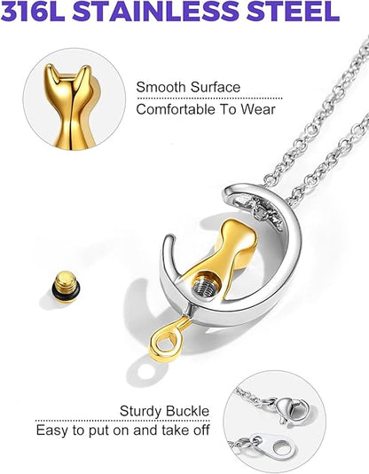 Moon-shaped kitten urn pendant necklace, cremation jewelry, keepsakes, and sympathy gifts for pets, family, friends, and loved ones
