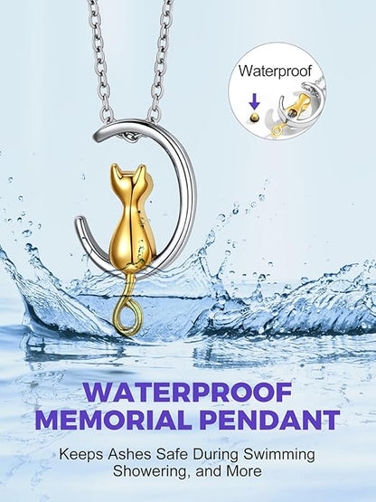 Moon-shaped kitten urn pendant necklace, cremation jewelry, keepsakes, and sympathy gifts for pets, family, friends, and loved ones