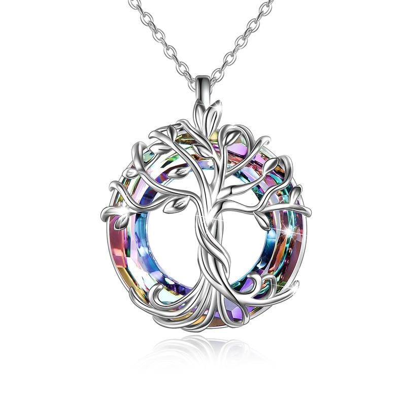 18" 925 Sterling Silver Tree of Life Pendant Necklace | Set with Austrian Quartz Crystal