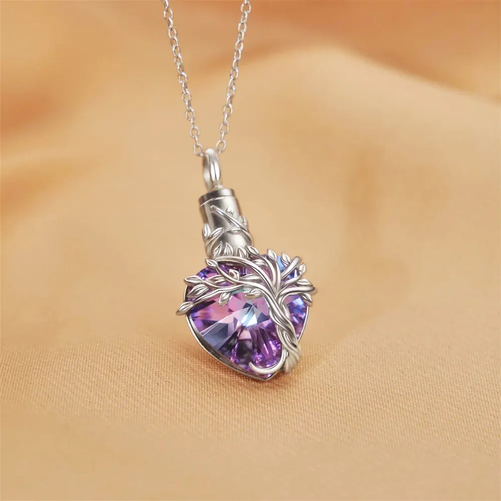 Sterling Silver Crystal Heart Tree of Life Urn Necklace for Ashes