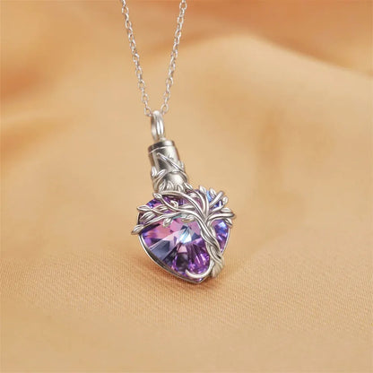 Sterling Silver Crystal Heart Tree of Life Urn Necklace for Ashes