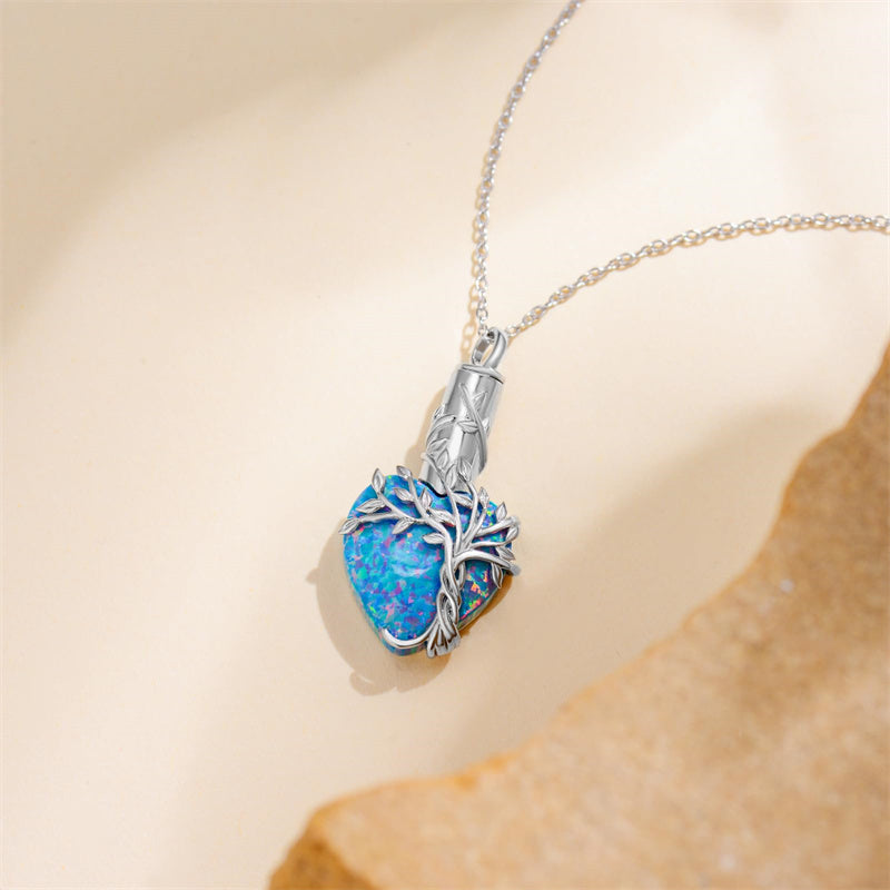 Sterling Silver Crystal Heart Tree of Life Urn Necklace for Ashes