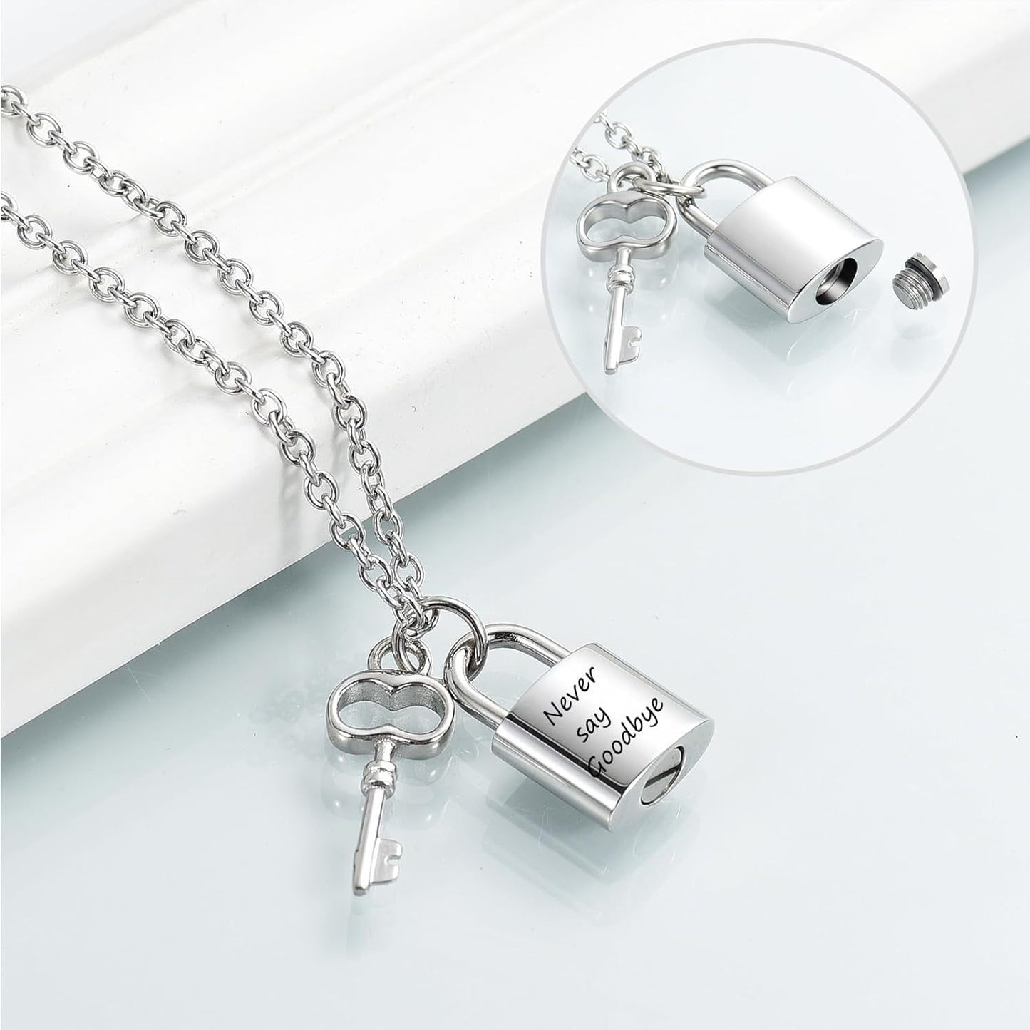 Stainless steel keyed padlock memorial urn necklace to commemorate a deceased loved one or pet.