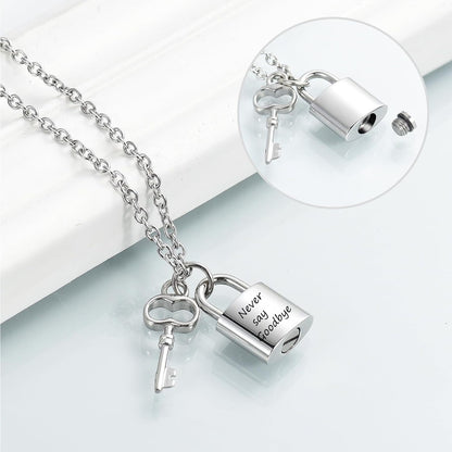 Stainless steel keyed padlock memorial urn necklace to commemorate a deceased loved one or pet.