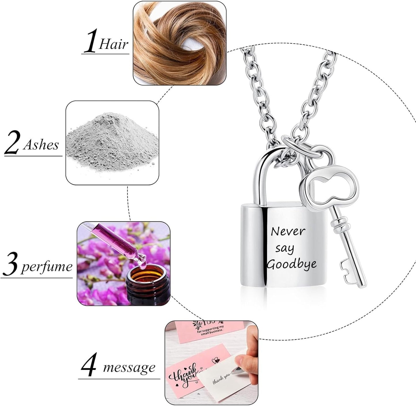 Stainless steel keyed padlock memorial urn necklace to commemorate a deceased loved one or pet.