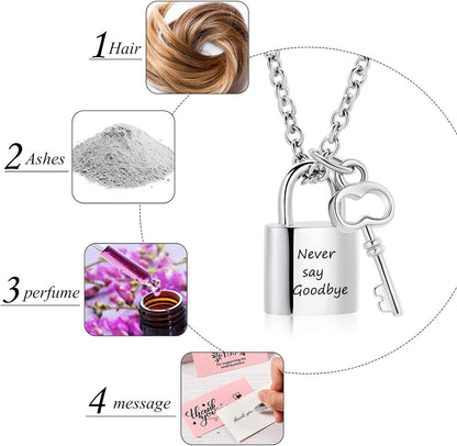 Stainless steel keyed padlock memorial urn necklace to commemorate a deceased loved one or pet.