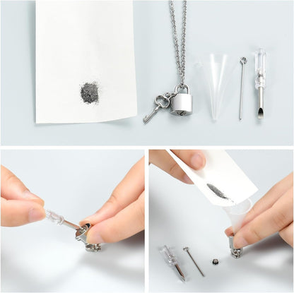Stainless steel keyed padlock memorial urn necklace to commemorate a deceased loved one or pet.