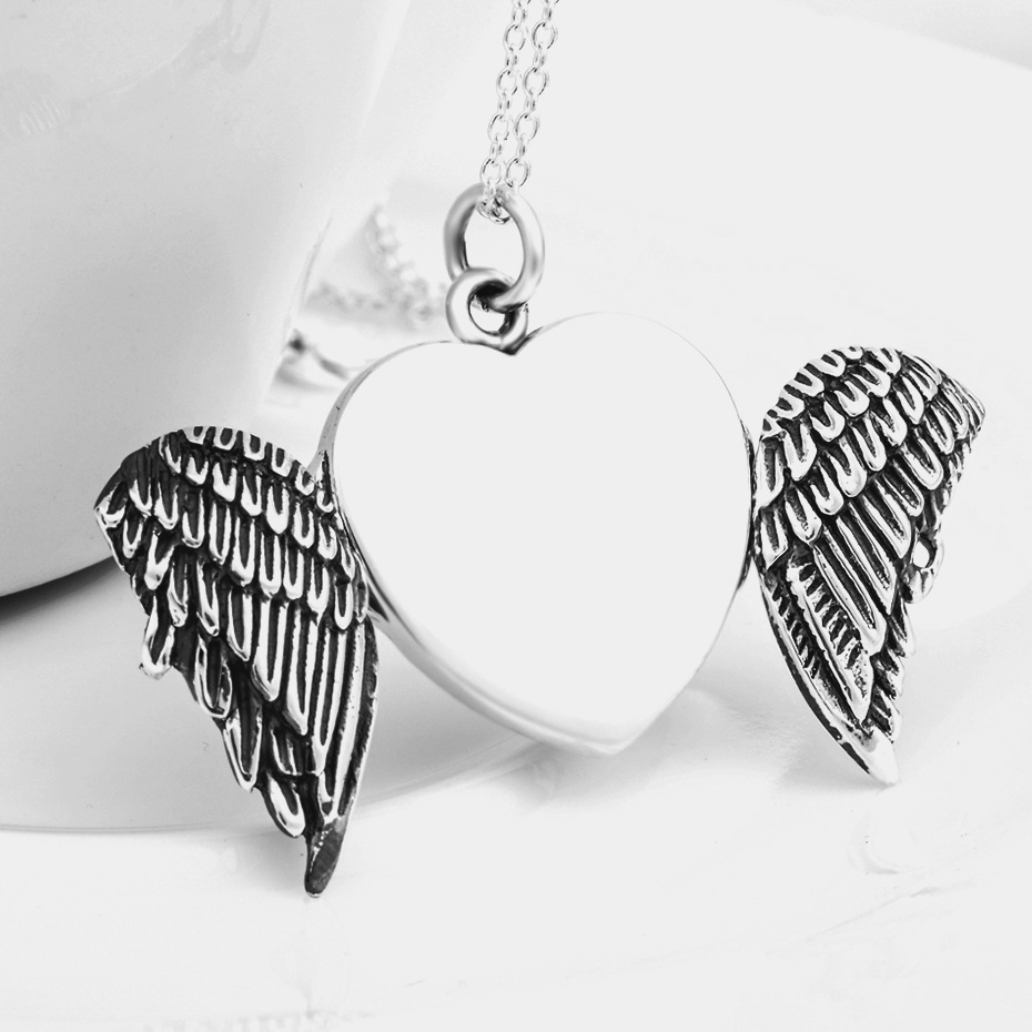 Sterling silver cremation locket necklace with angel wings, urn keepsake pendant, custom photo urn jewelry, funeral memorial gift